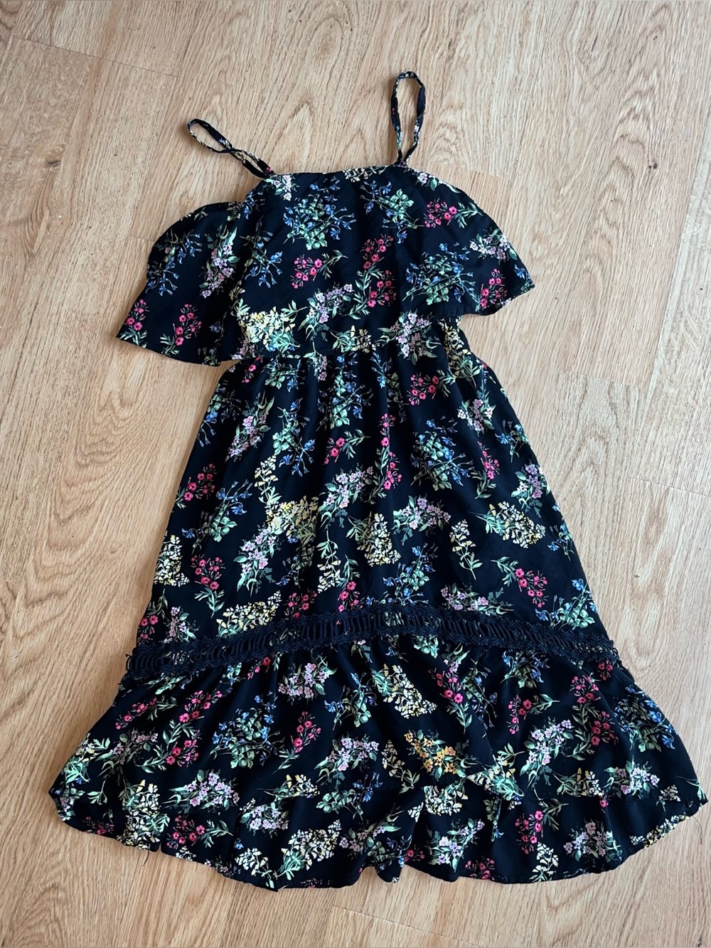 Ella Moss Black Floral Ruffle Sundress with Pink and Green Accents Girls 14